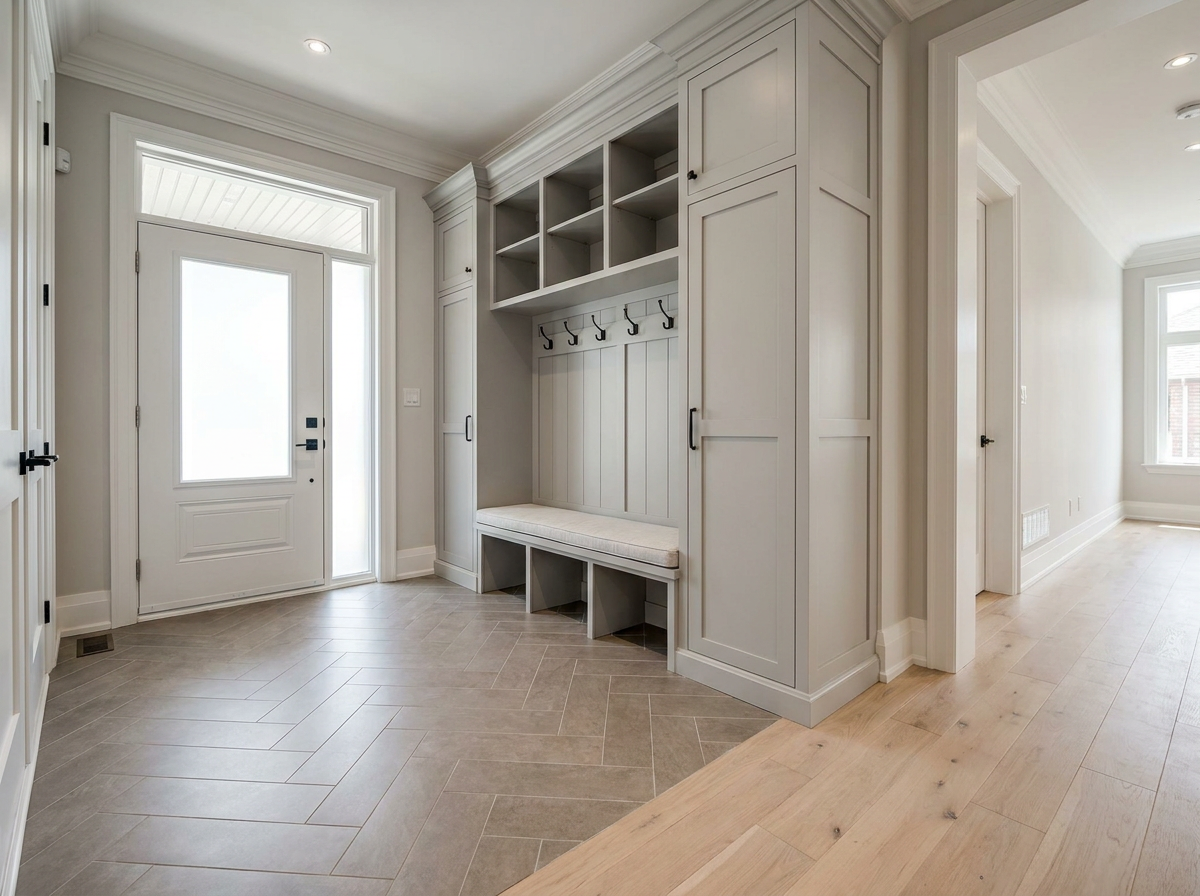 Herringbone porcelain tile entry